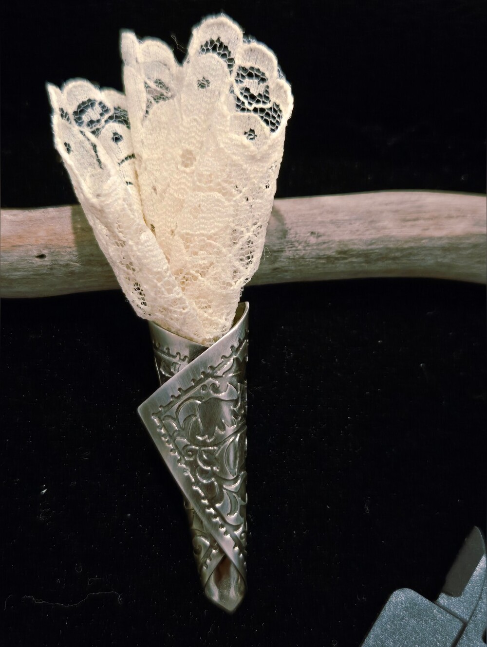 VVintage Hallmark Cards silvertone and lace vase brooch.